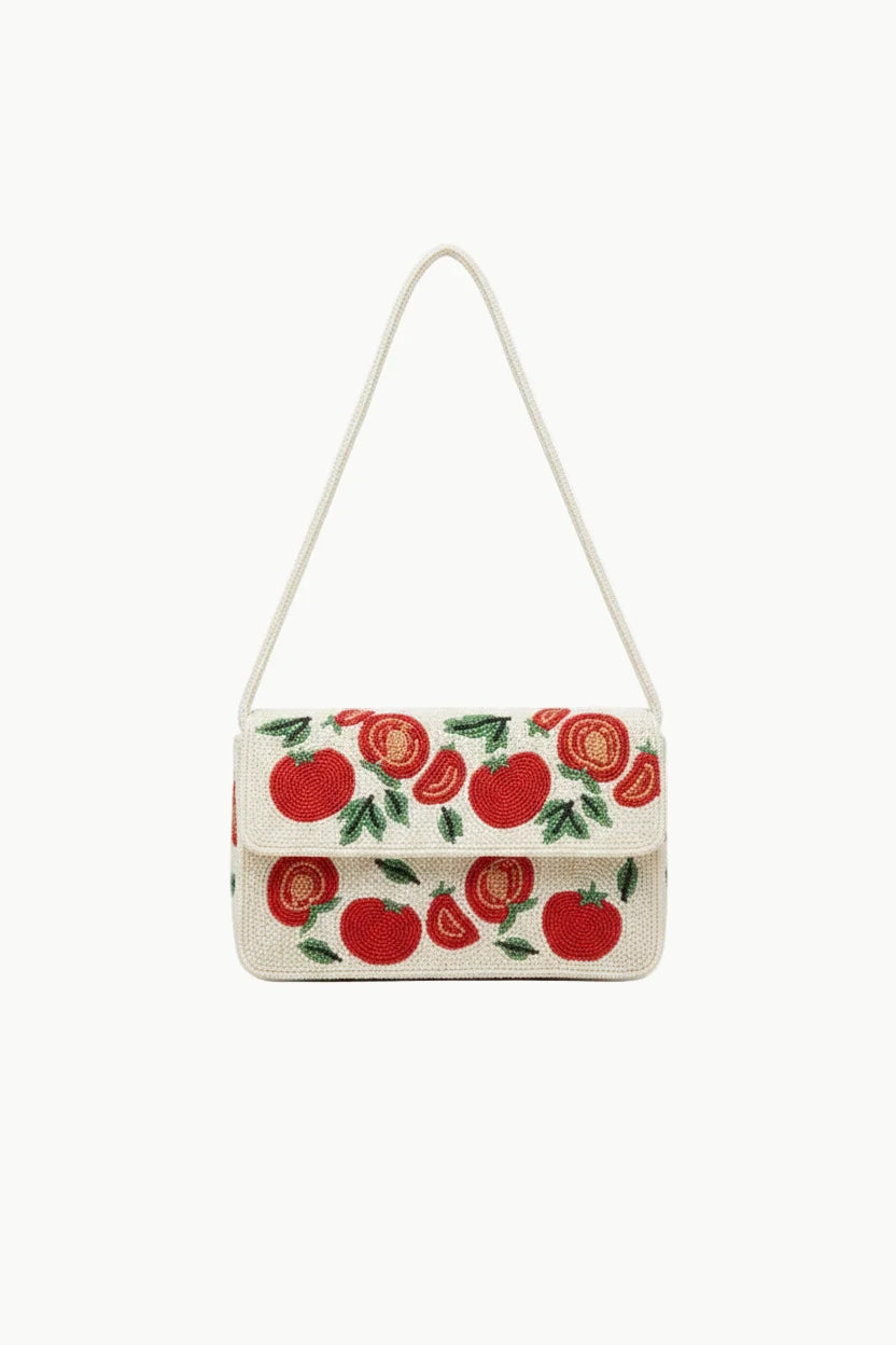 White rectangular shoulder bag with red tomato and green leaf embroidery, Tomato Beaded Bag