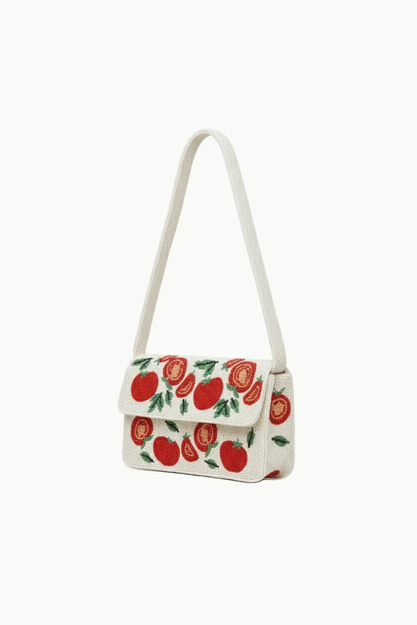 White shoulder bag with red tomato and green leaf embroidery, stylish tomato beaded bag