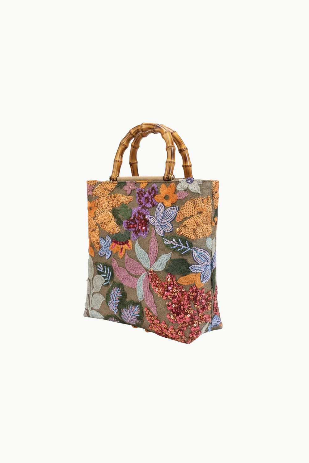 Floral embroidered tote bag with bamboo handles, perfect tote bag flower accessory