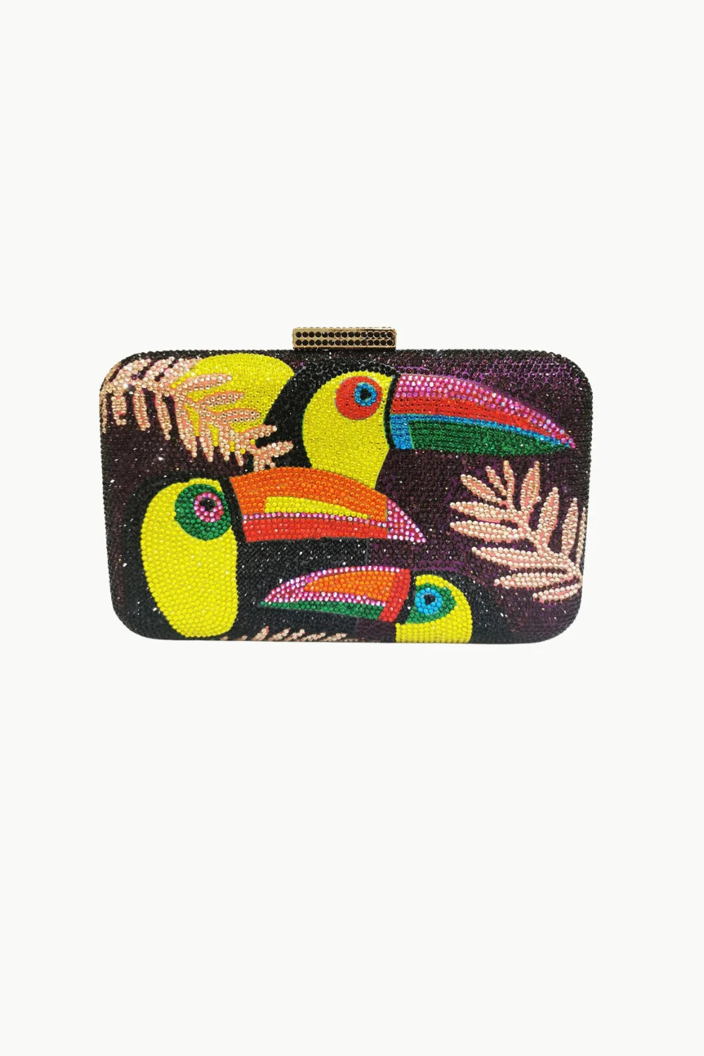 Black Toucan Beaded Bag with colorful beaded toucans and tropical leaves