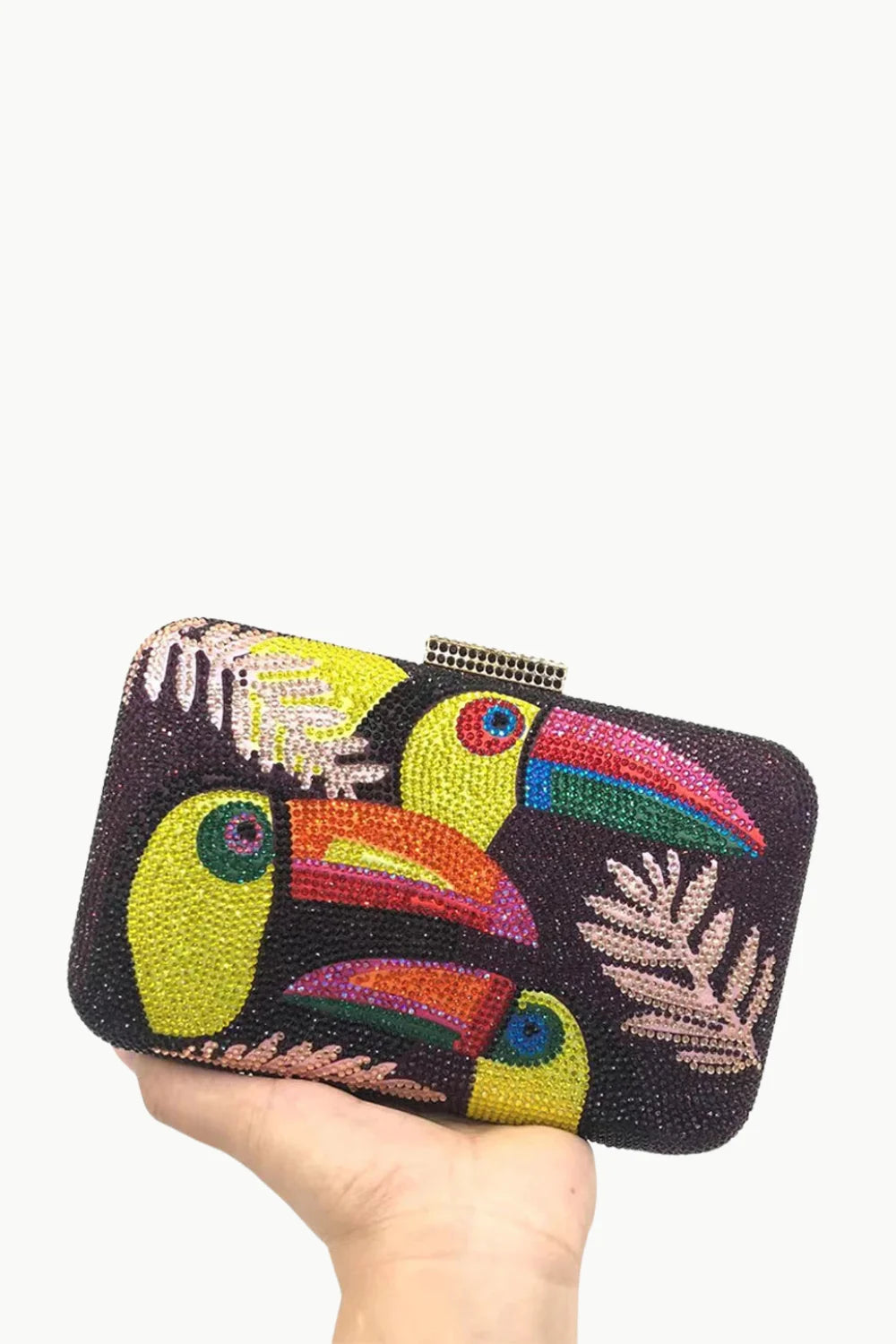 Black Toucan Beaded Bag with colorful toucan and leaf beaded designs