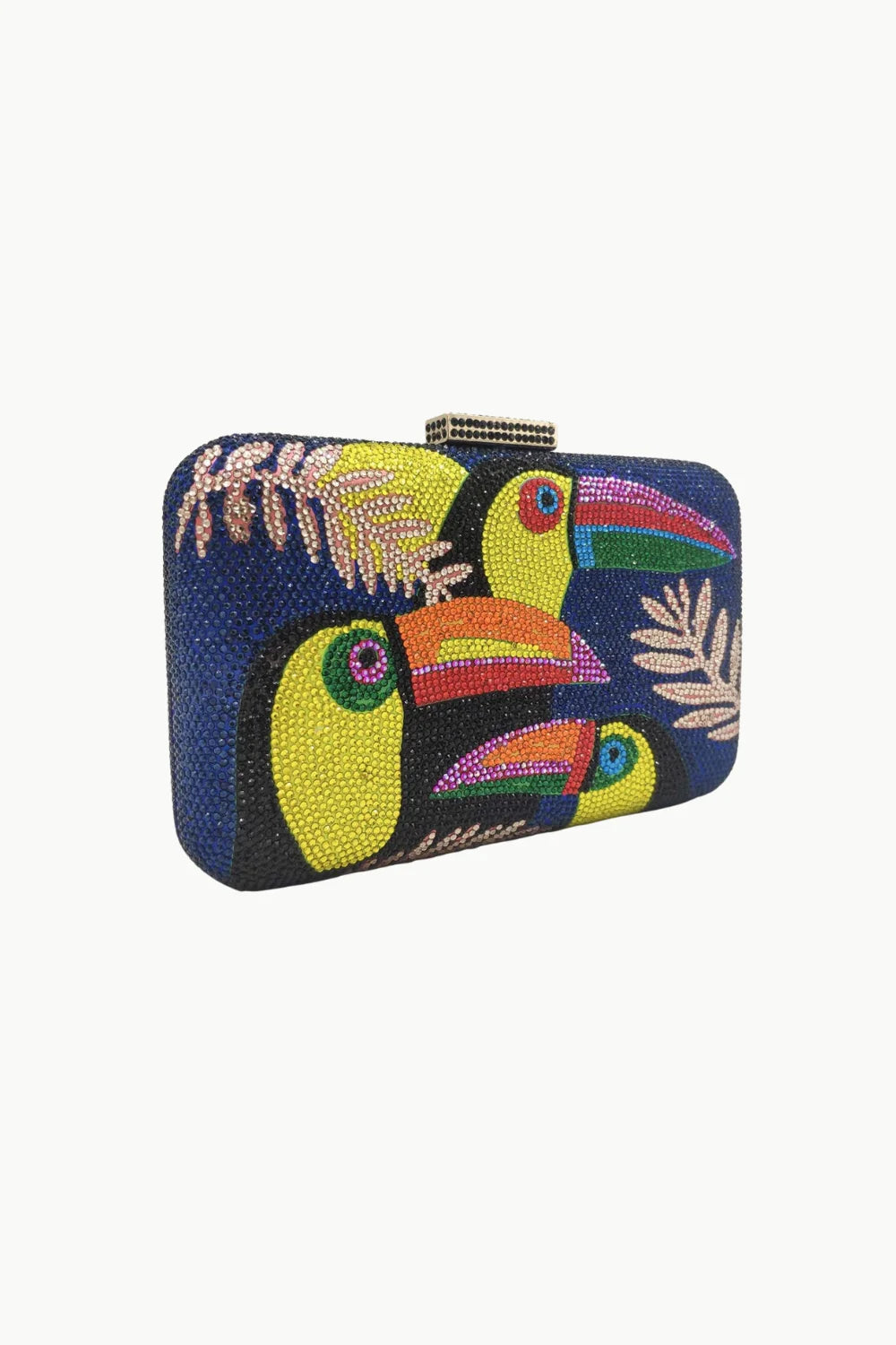 Navy blue toucan beaded bag with colorful toucan beaded design and tropical leaves