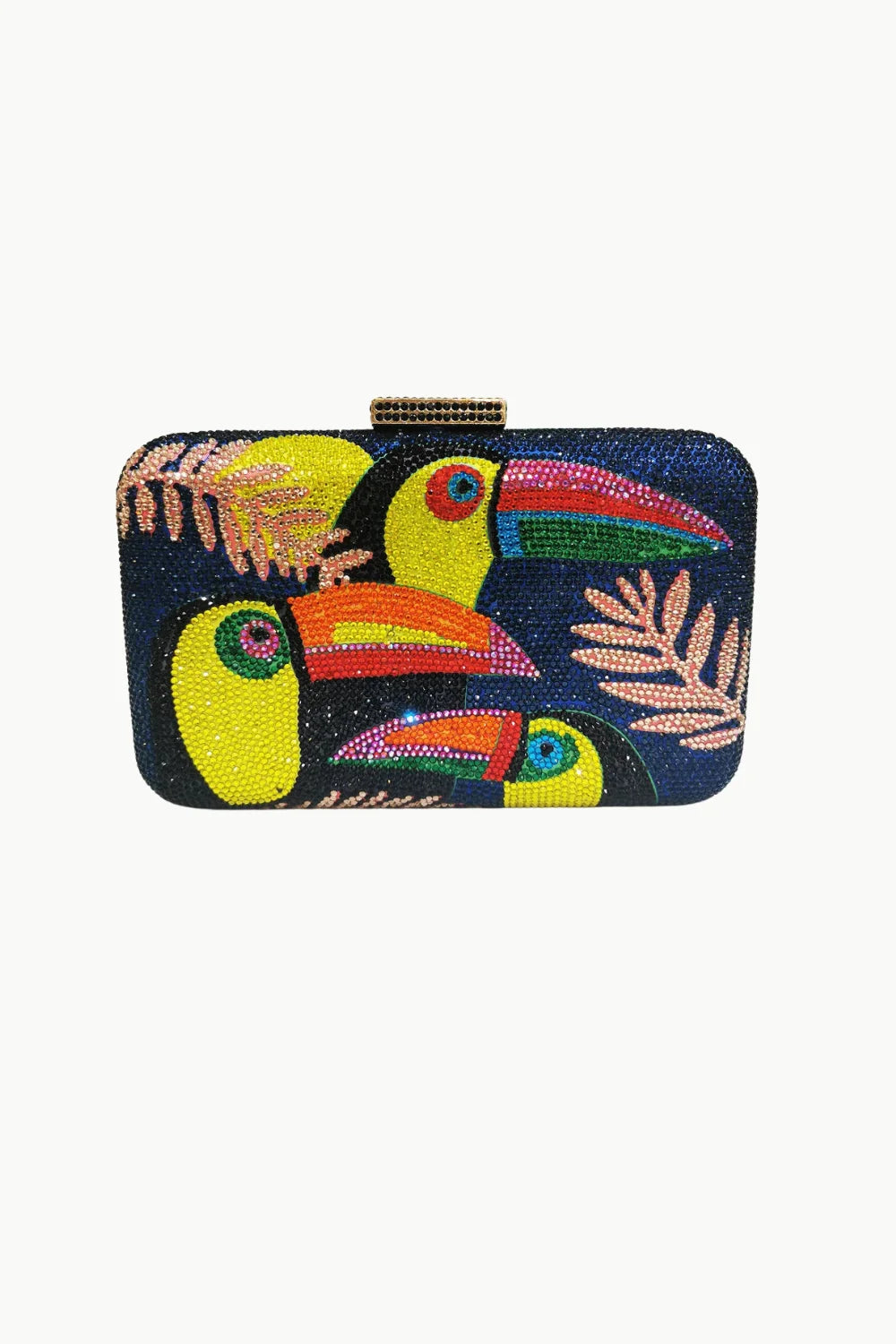 Navy blue rectangular toucan beaded bag with colorful beaded toucan and leaf designs