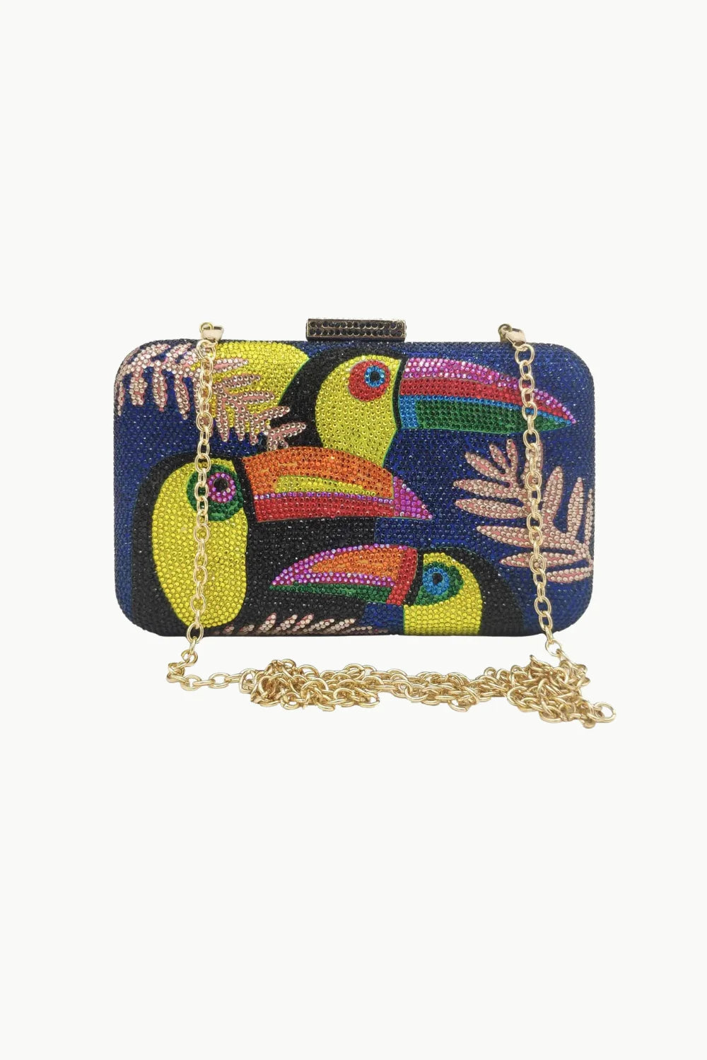 Navy blue toucan beaded bag with colorful toucan and leaf embellishments, gold chain strap