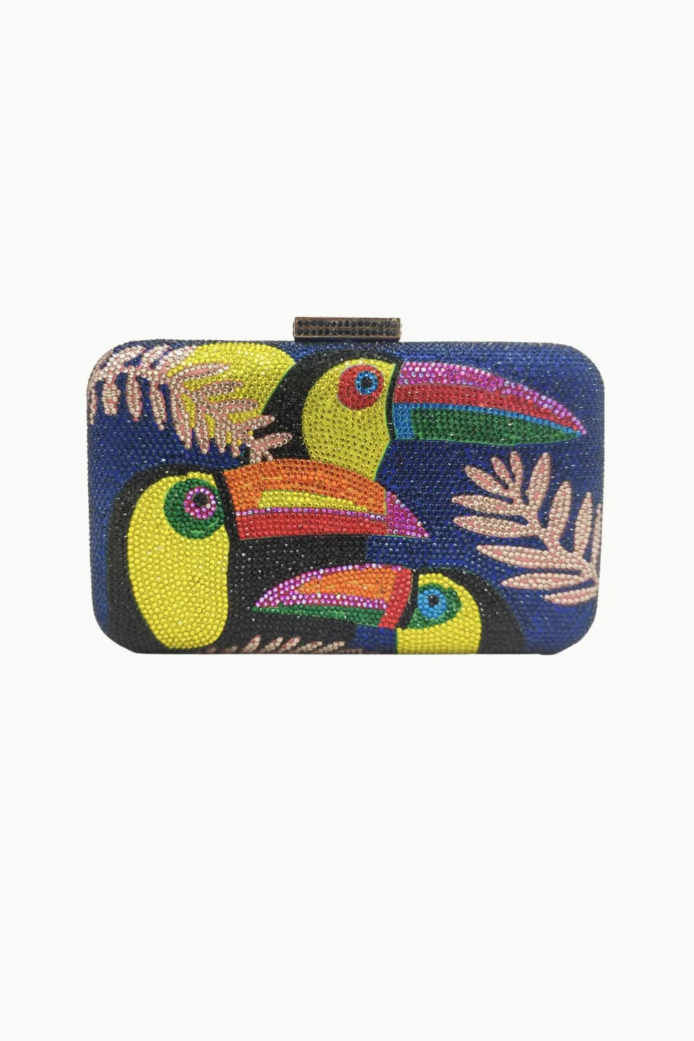 Toucan Beaded Bag with colorful toucan and leaf beadwork on dark blue background