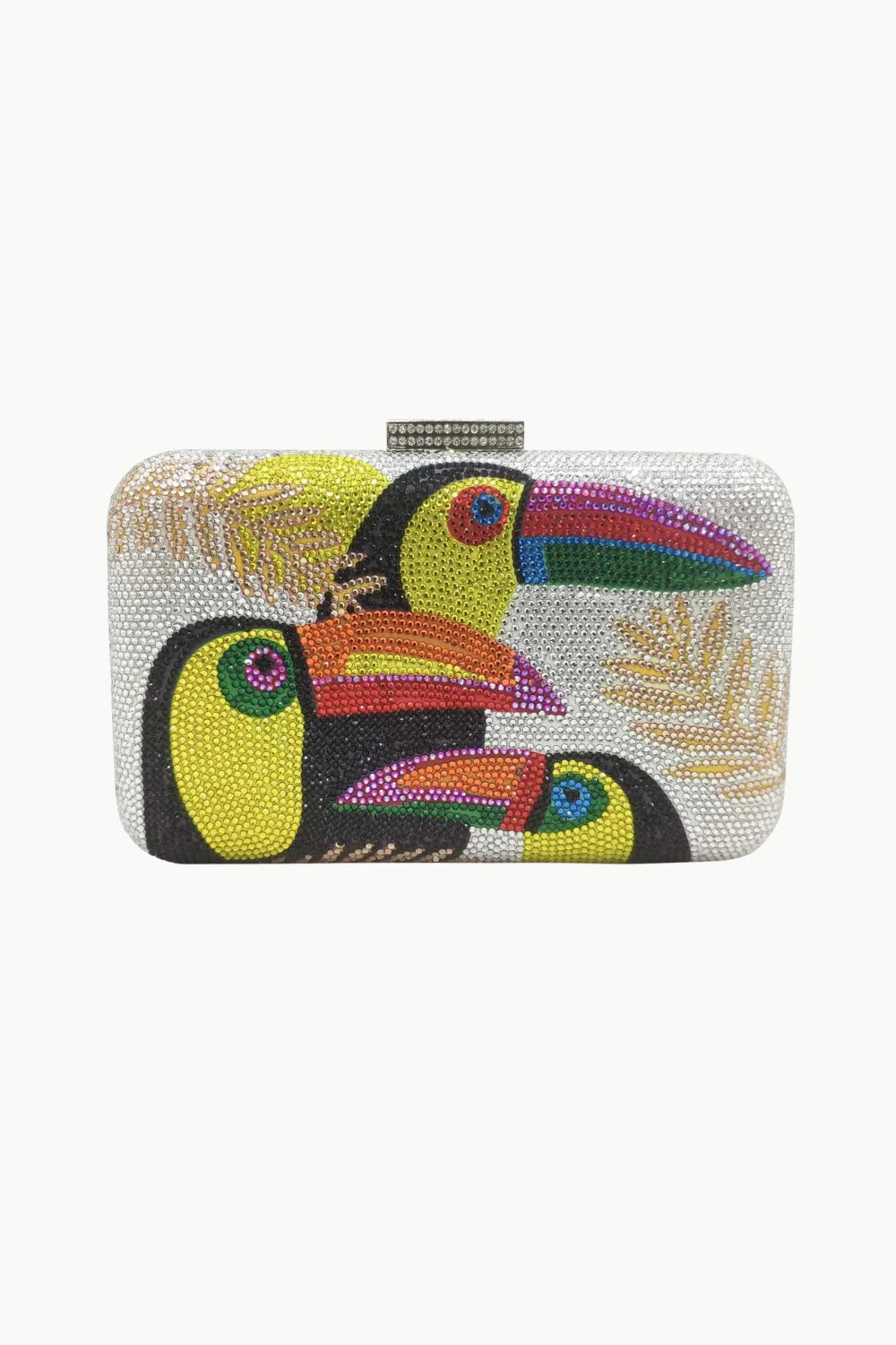 White beaded bag with colorful toucan designs, perfect toucan beaded bag accessory