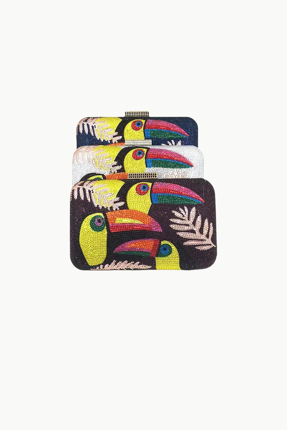 Colorful toucan beaded bag with leaf designs, stylish toucan beaded clutch for women