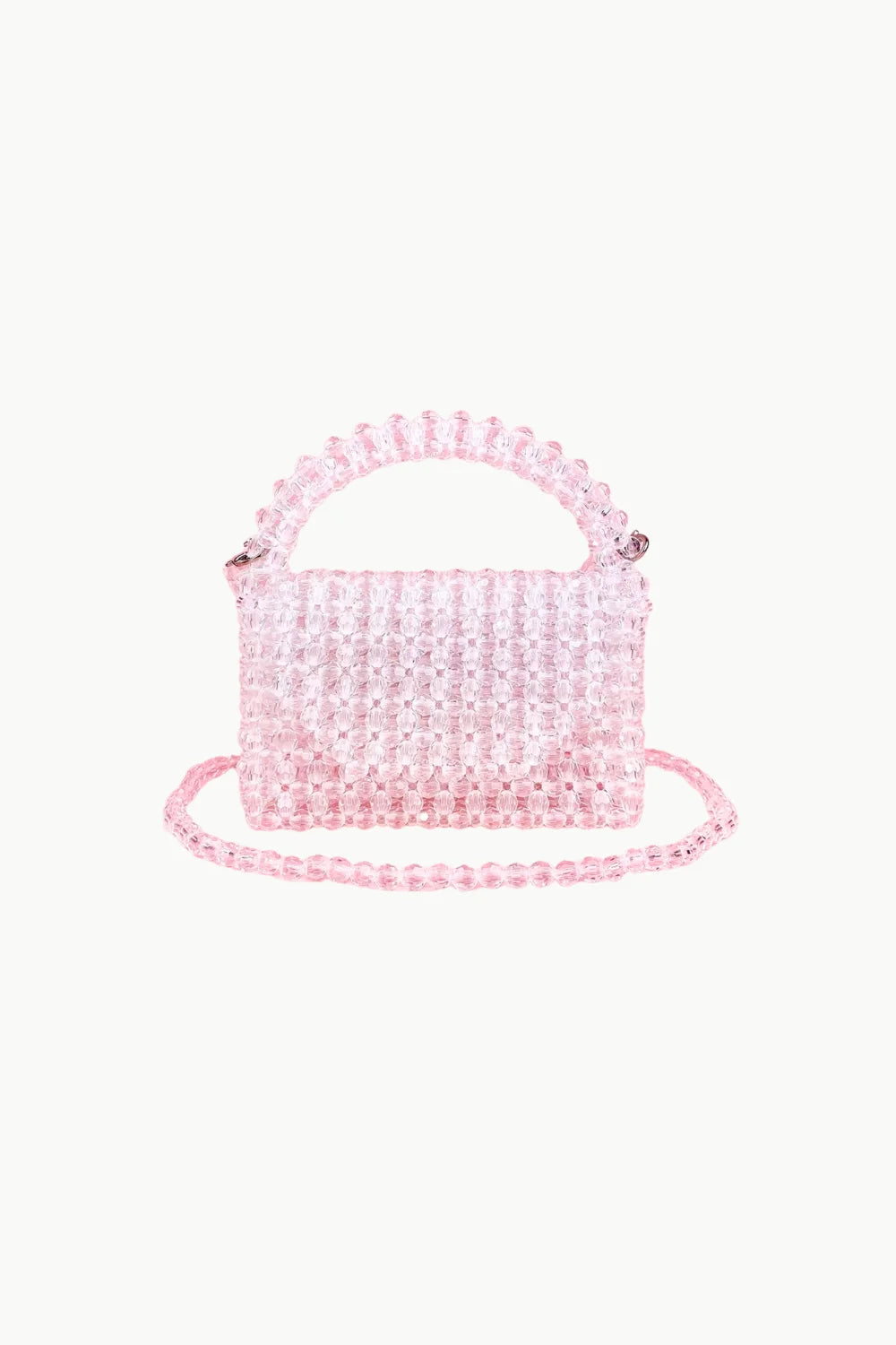 Pink beaded handbag with top handle and shoulder strap, transparent beaded bag style