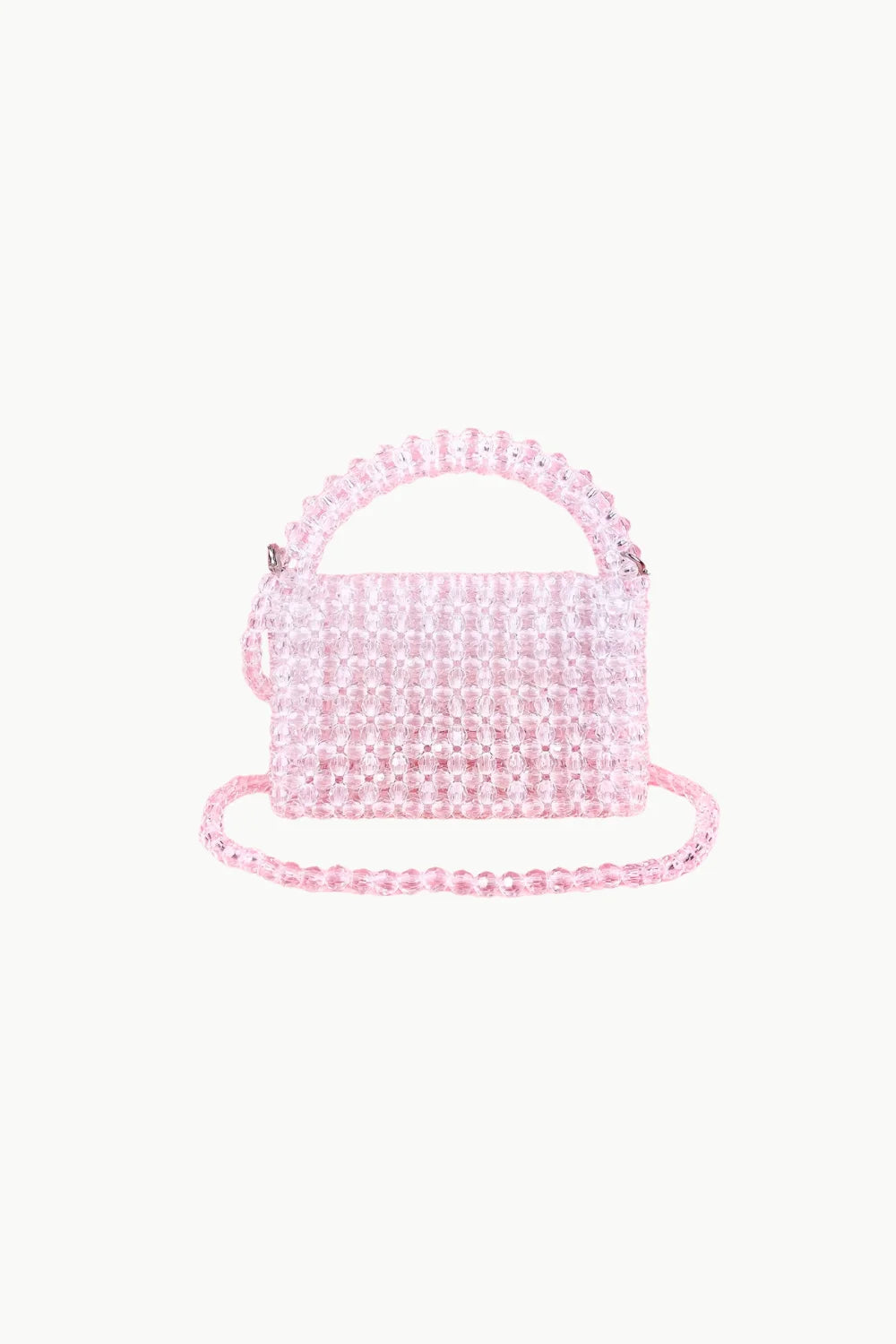 Pink beaded mini handbag with top handle and shoulder strap, transparent beaded bag style
