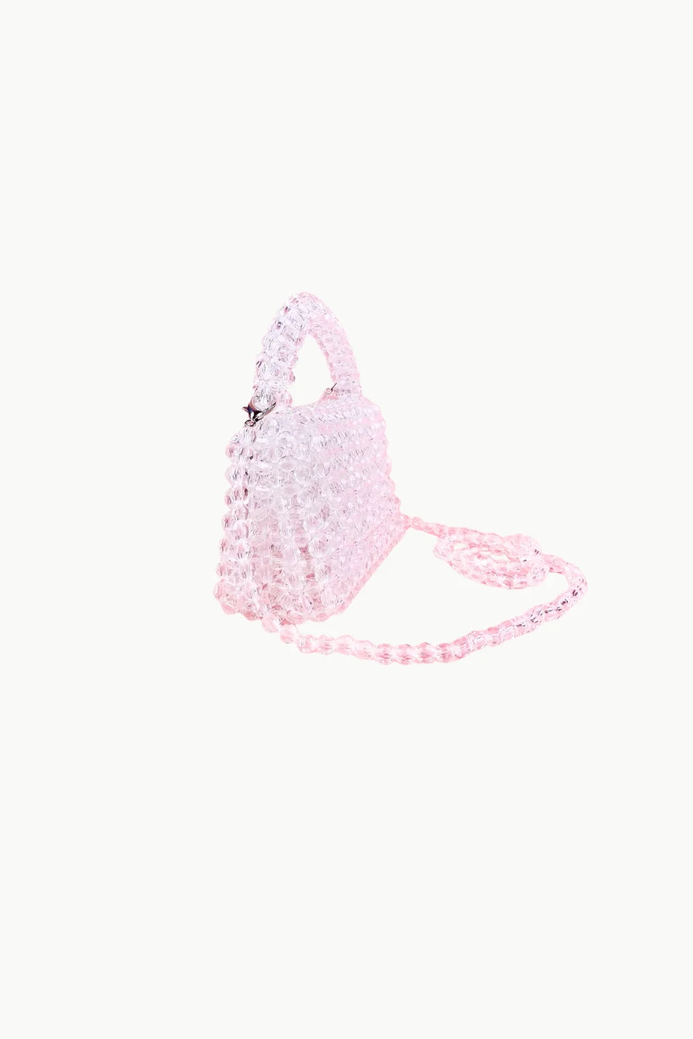 Pink beaded top-handle shoulder bag with a long strap, transparent beaded bag style
