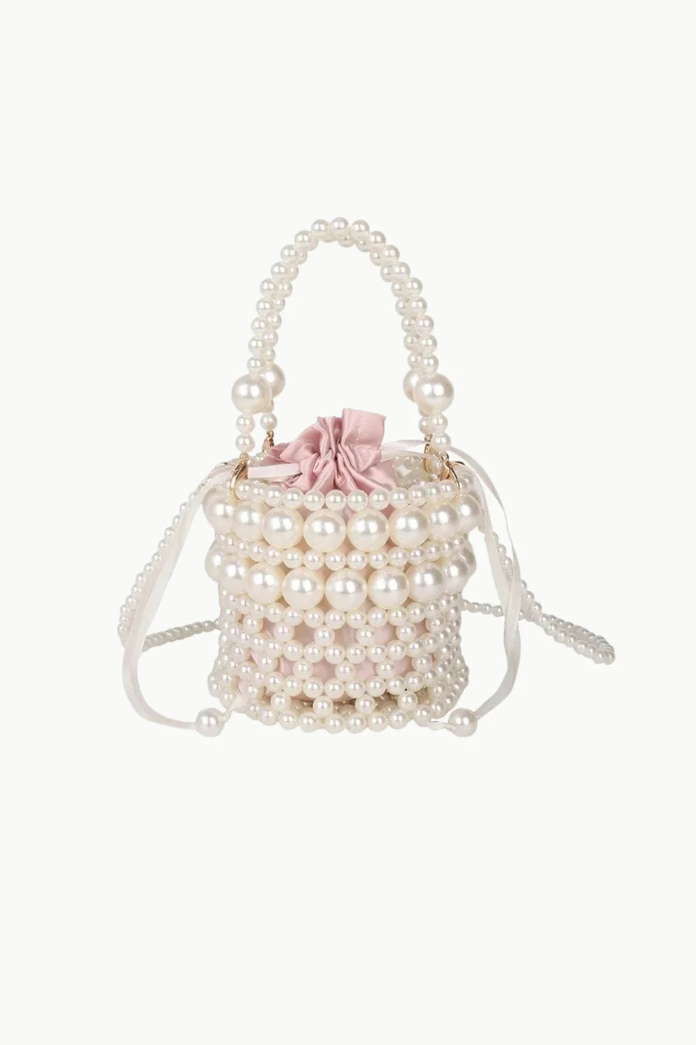 Pearl-beaded bucket bag with pink drawstring lining and pearl handle for trendy bead bucket style