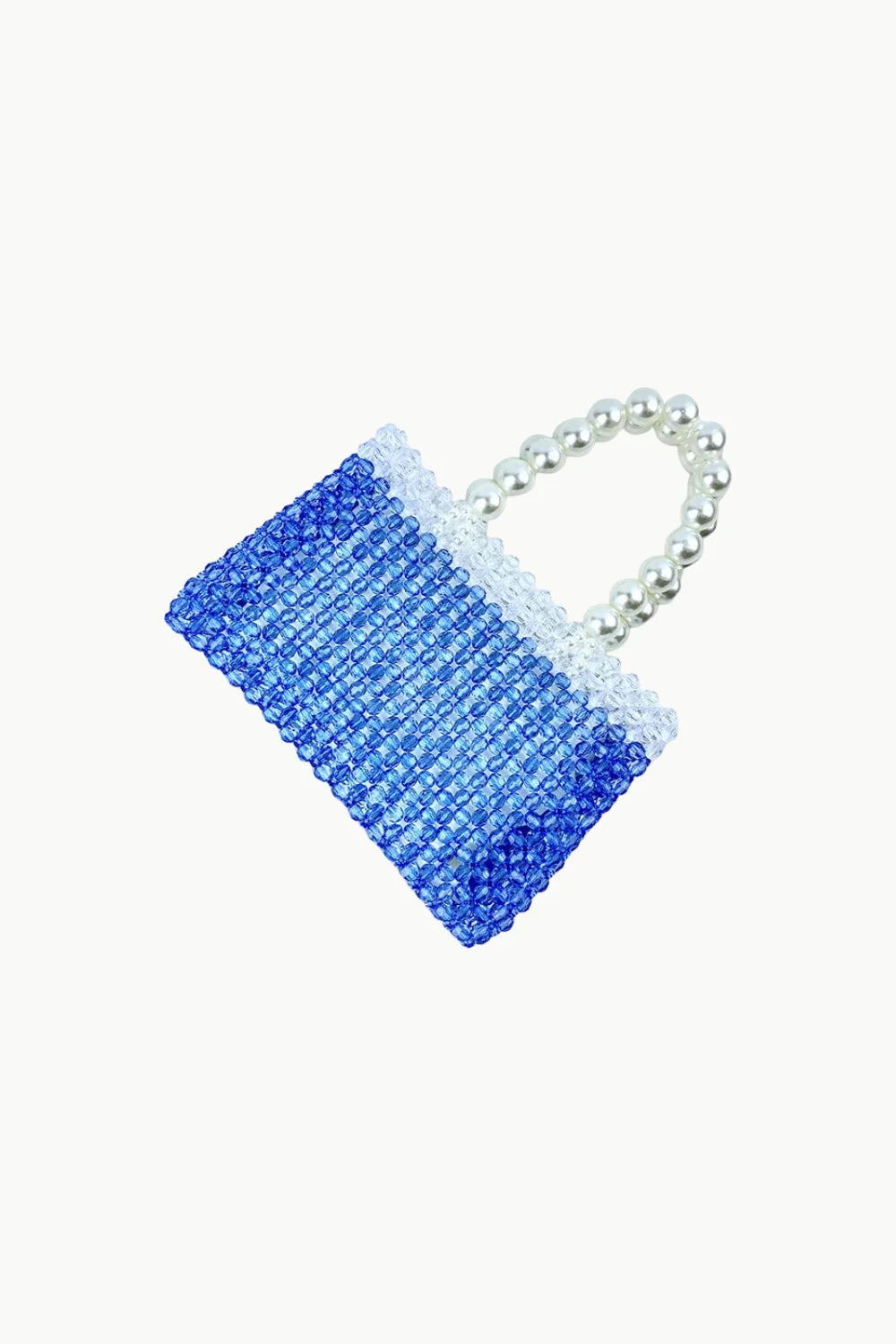 Blue and white gradient beaded bag with pearl handle, trendy beaded bag accessory