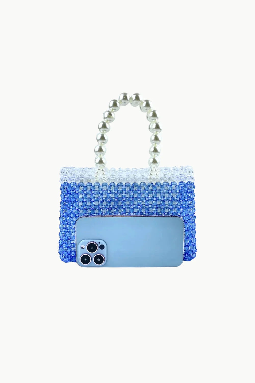 Blue and white beaded bag with pearl handle, trendy beaded bag for stylish occasions