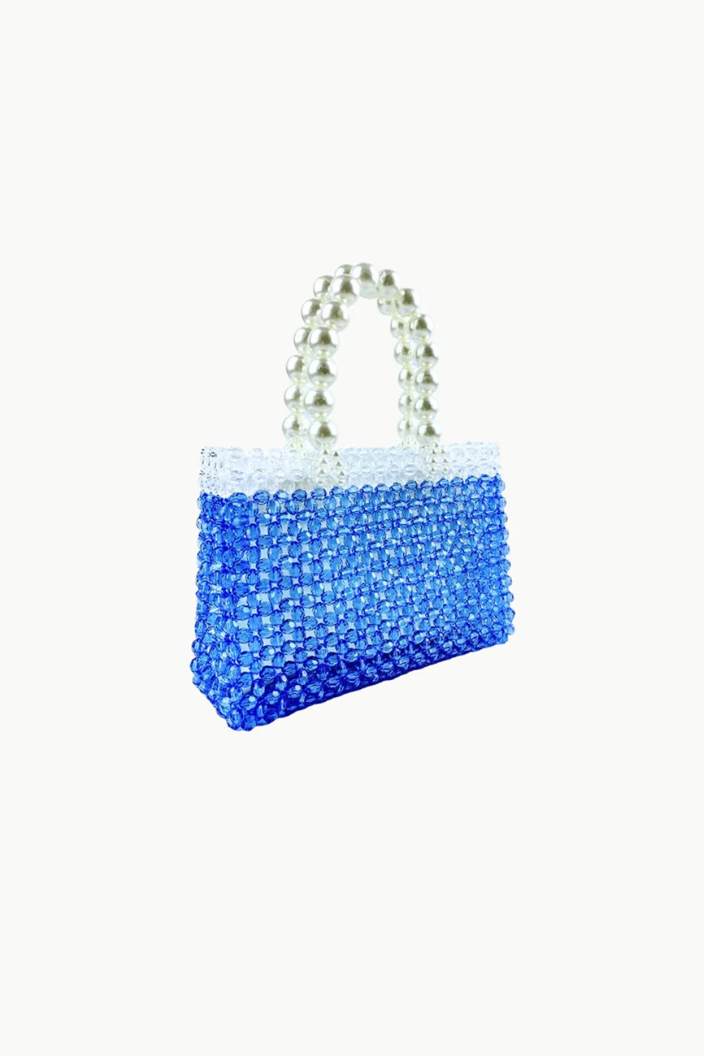 Blue and white beaded bag with pearl handle, trendy beaded bag for stylish accessories