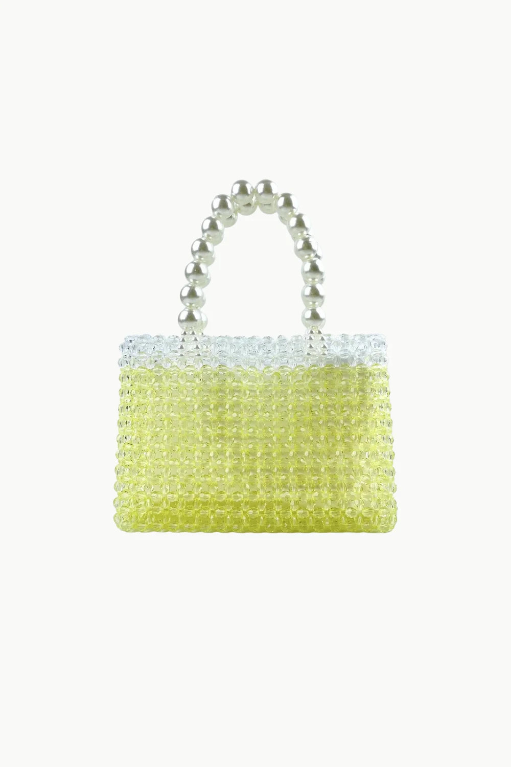 Lime green and white beaded tote bag with pearl handles, trendy beaded bag for stylish outfits