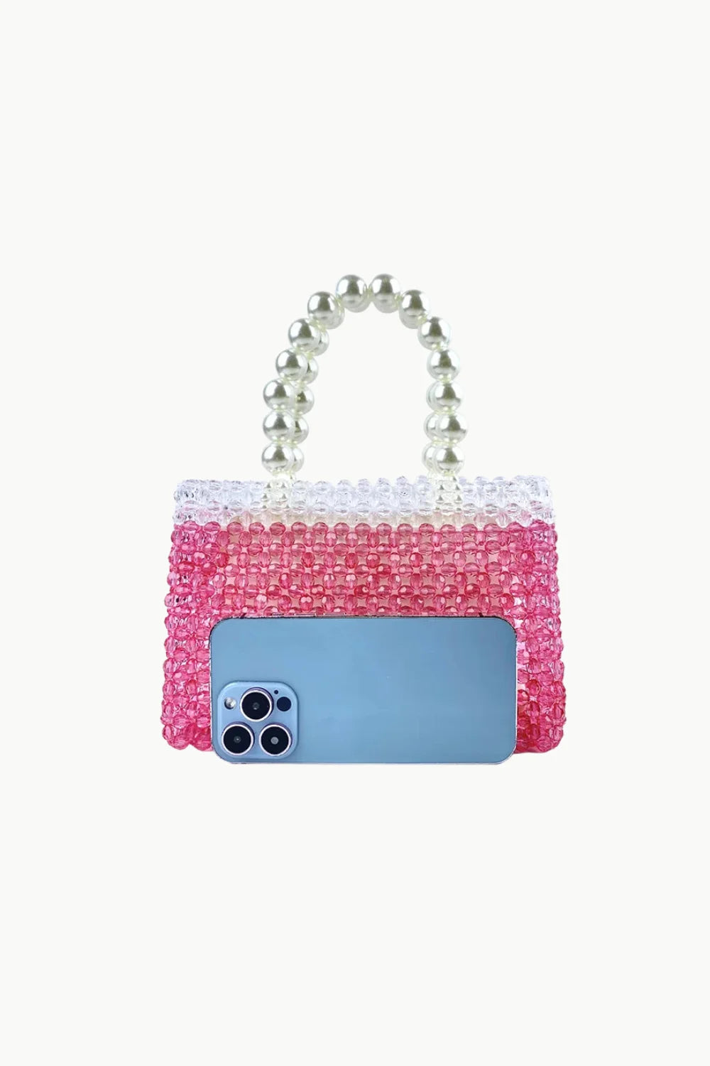 Pink ombre beaded mini tote bag with pearl handle, trendy beaded bag for stylish accessories