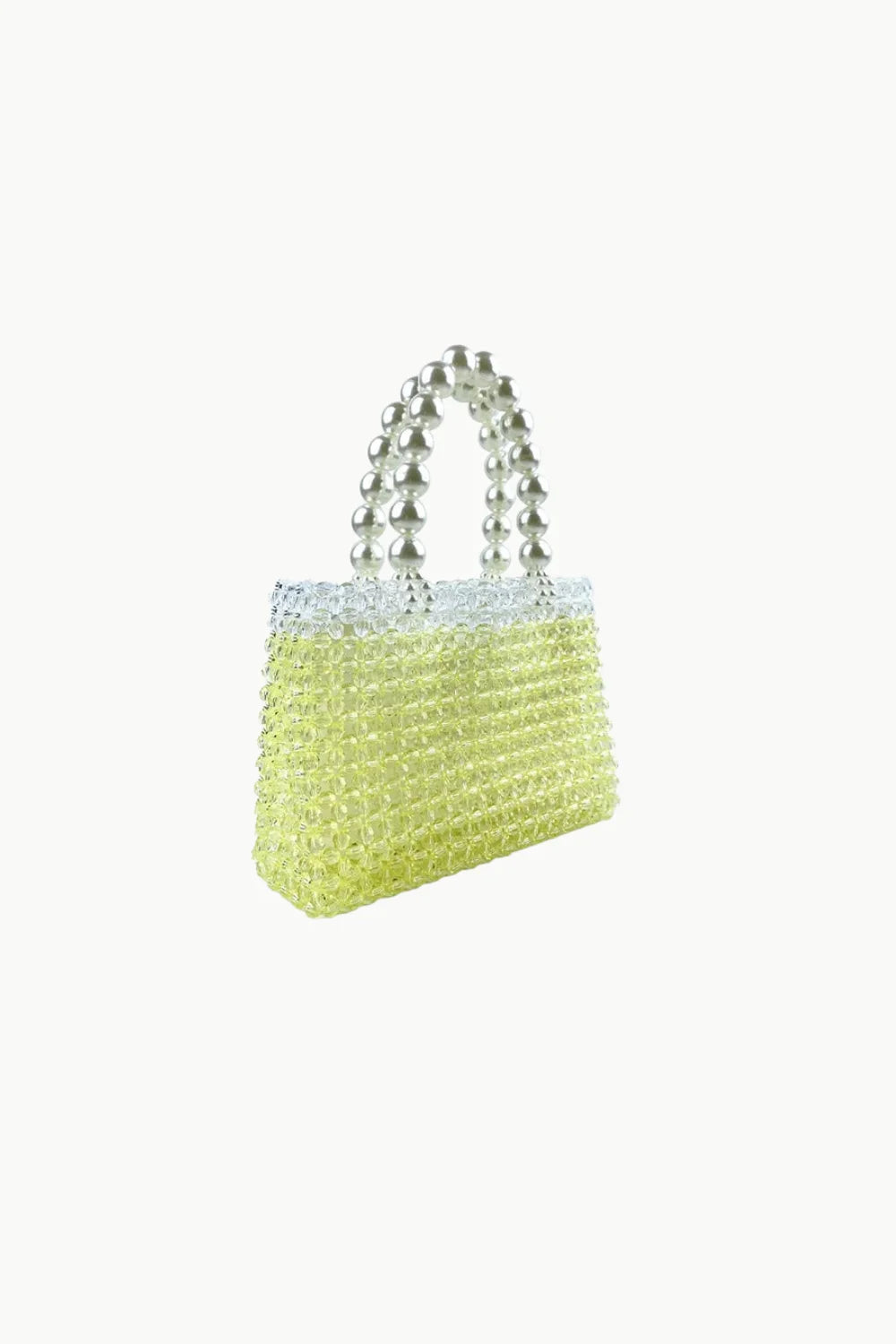 Beaded bag with yellow body and silver handles, trendy beaded bag for style