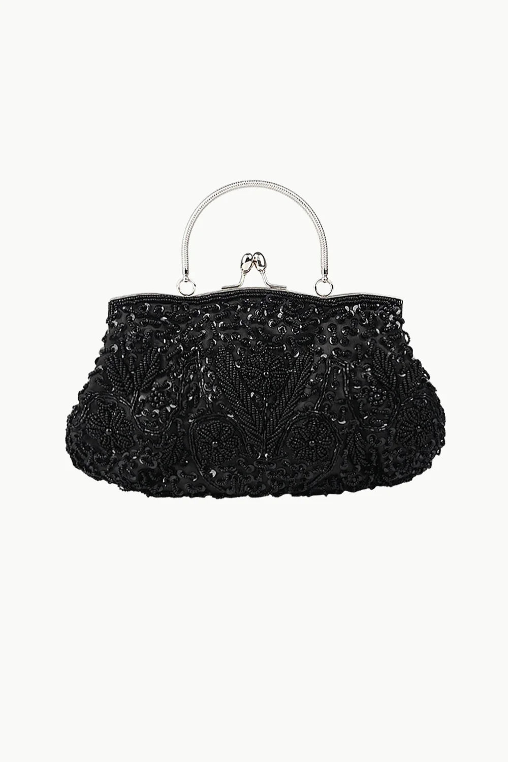 Vintage beaded bag with black beads, silver metal frame, and handle for evening