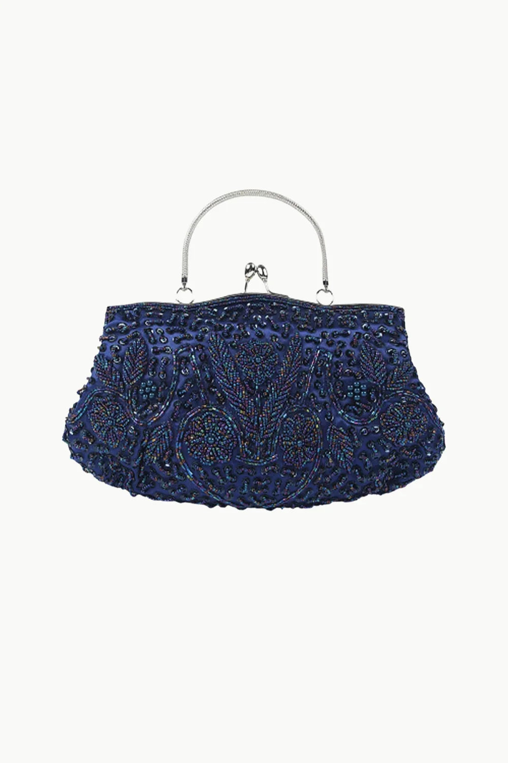 Vintage beaded bag with navy blue beads, silver-toned frame, and handle for elegant evenings