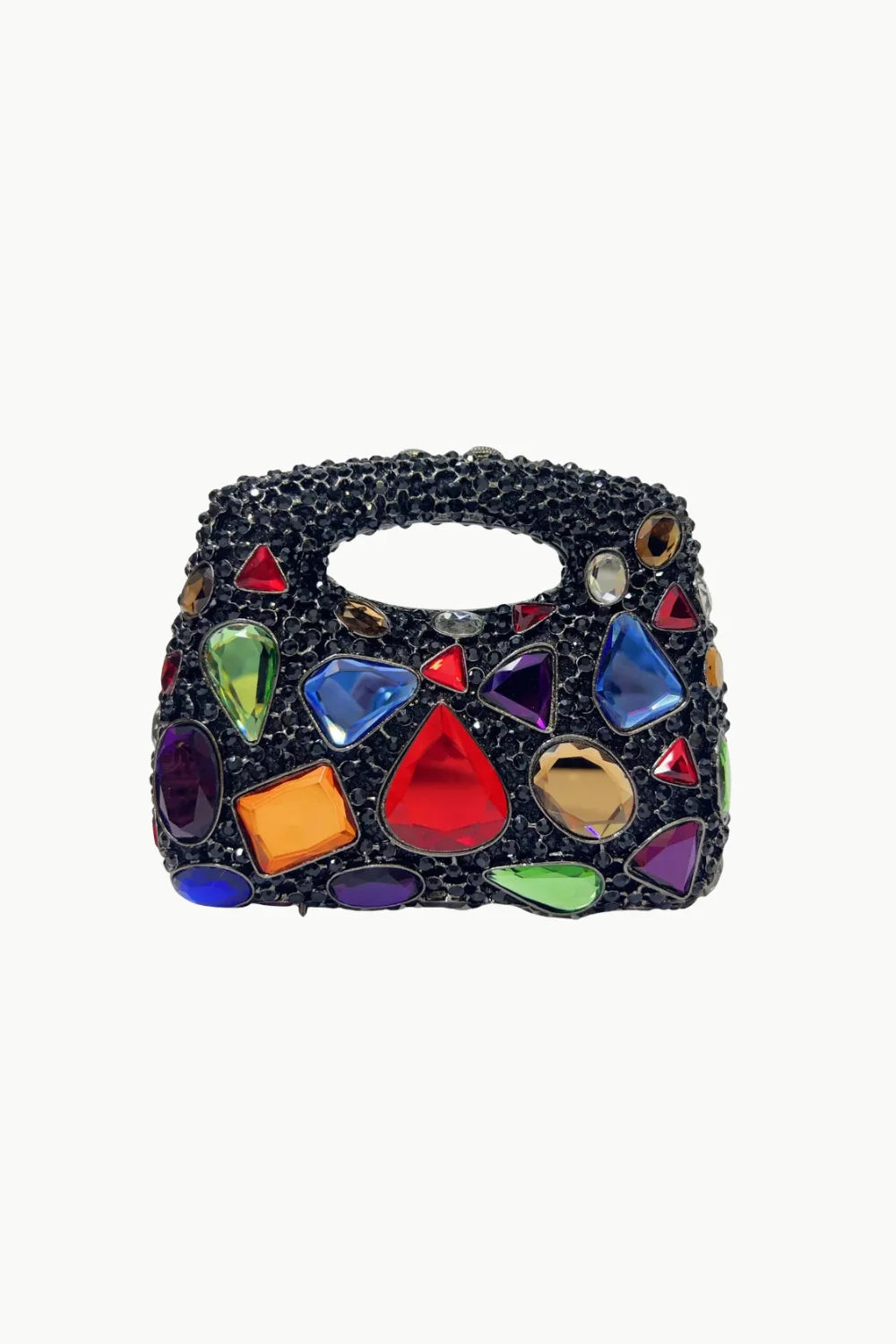 Black vintage beaded clutch bag with colorful jewel accents and cut-out handle