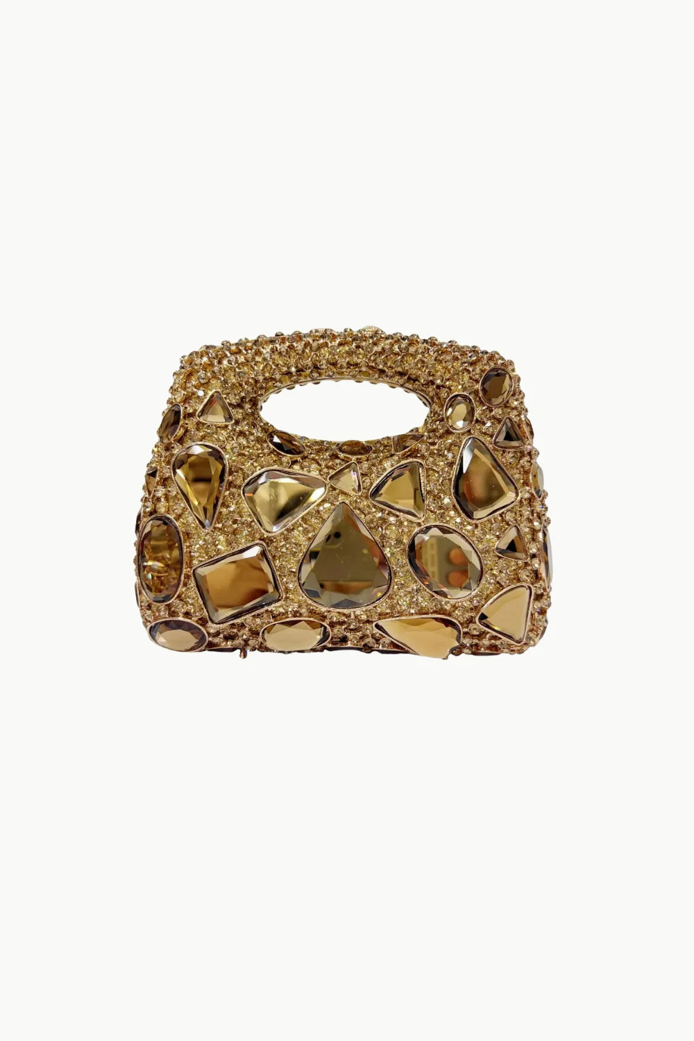 Gold-colored vintage beaded clutch bag with embellished open top handle