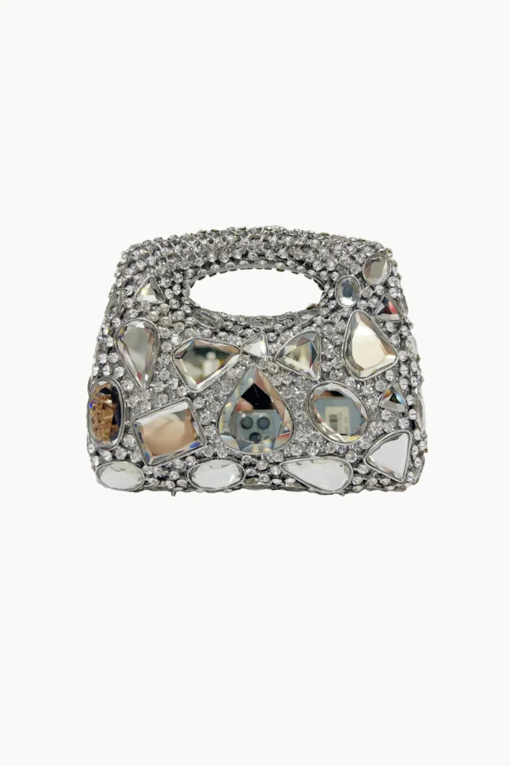 Silver vintage beaded clutch bag with clear and iridescent gemstone embellishments