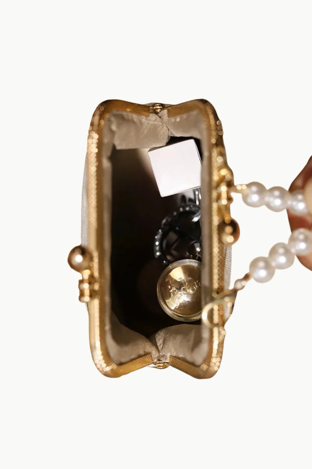 Gold-framed clutch bag with pearl handle, vintage beaded coin purse accessory