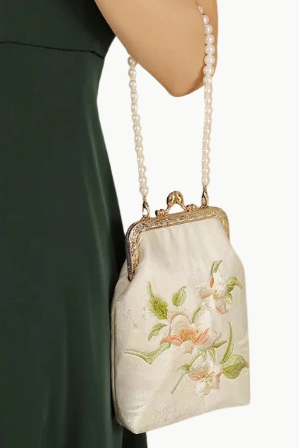 Vintage Beaded Coin Purse featuring off-white silk, floral embroidery, and pearl strap