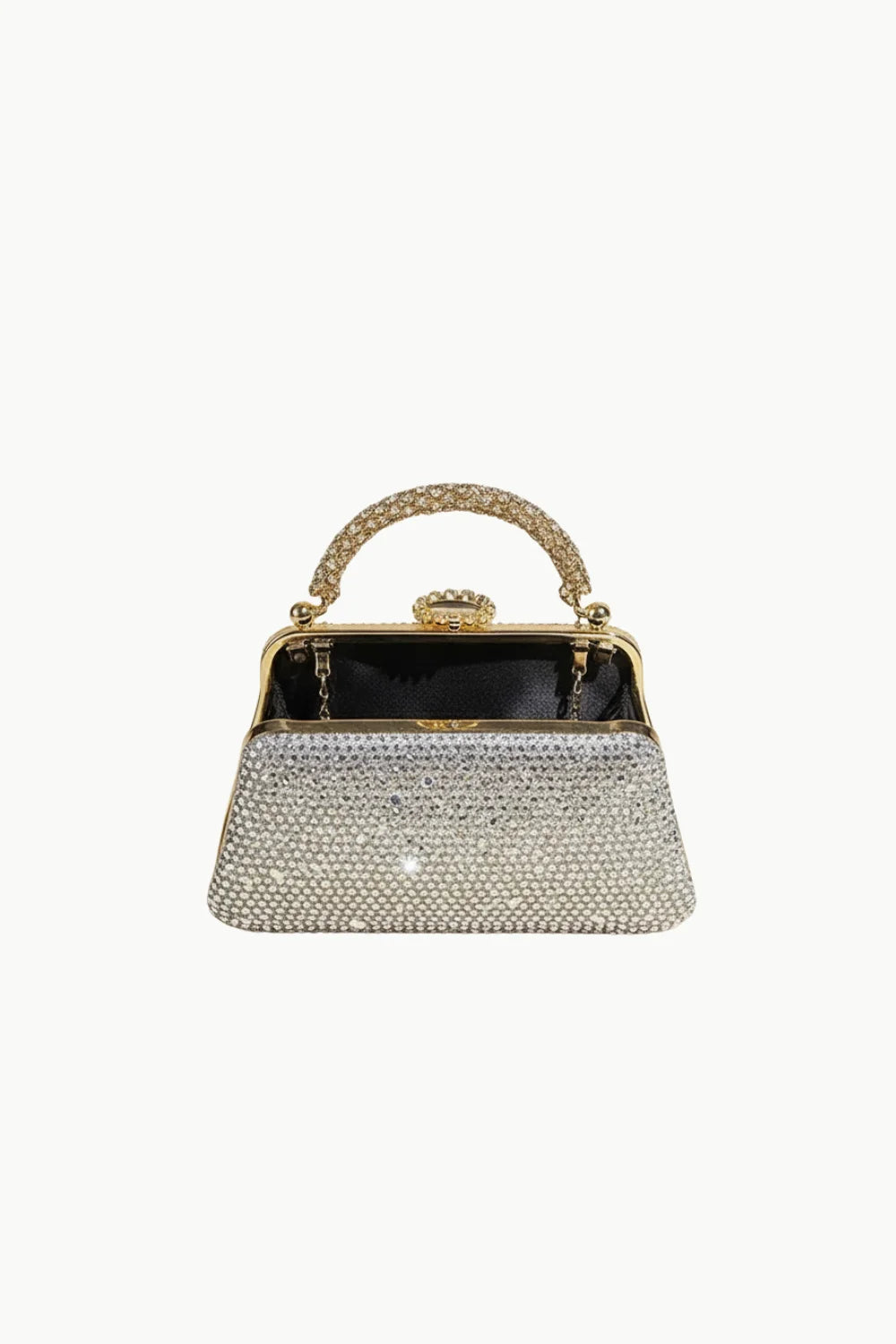 Sparkling silver rhinestone beaded evening purse with gold-tone frame and curved top handle