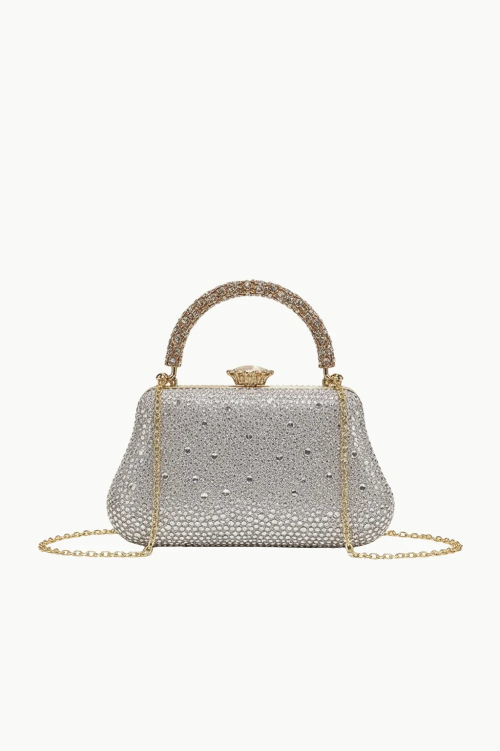 Vintage beaded evening purse with silver rhinestones, gold top handle, and chain strap