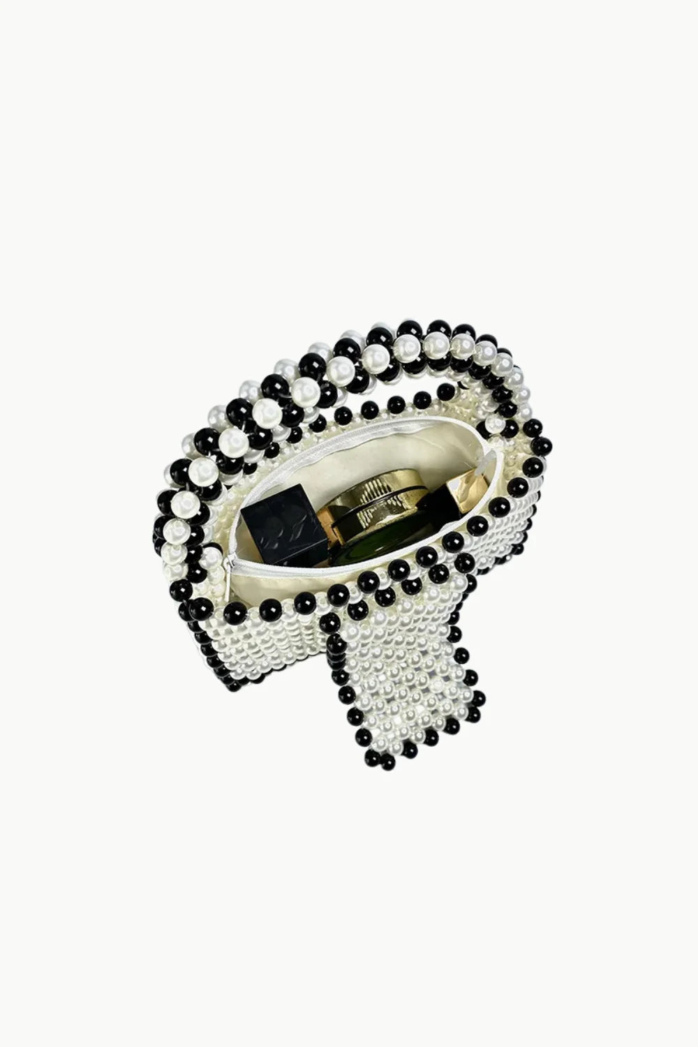 Open vintage black beaded purse with black and white pearls for elegant style