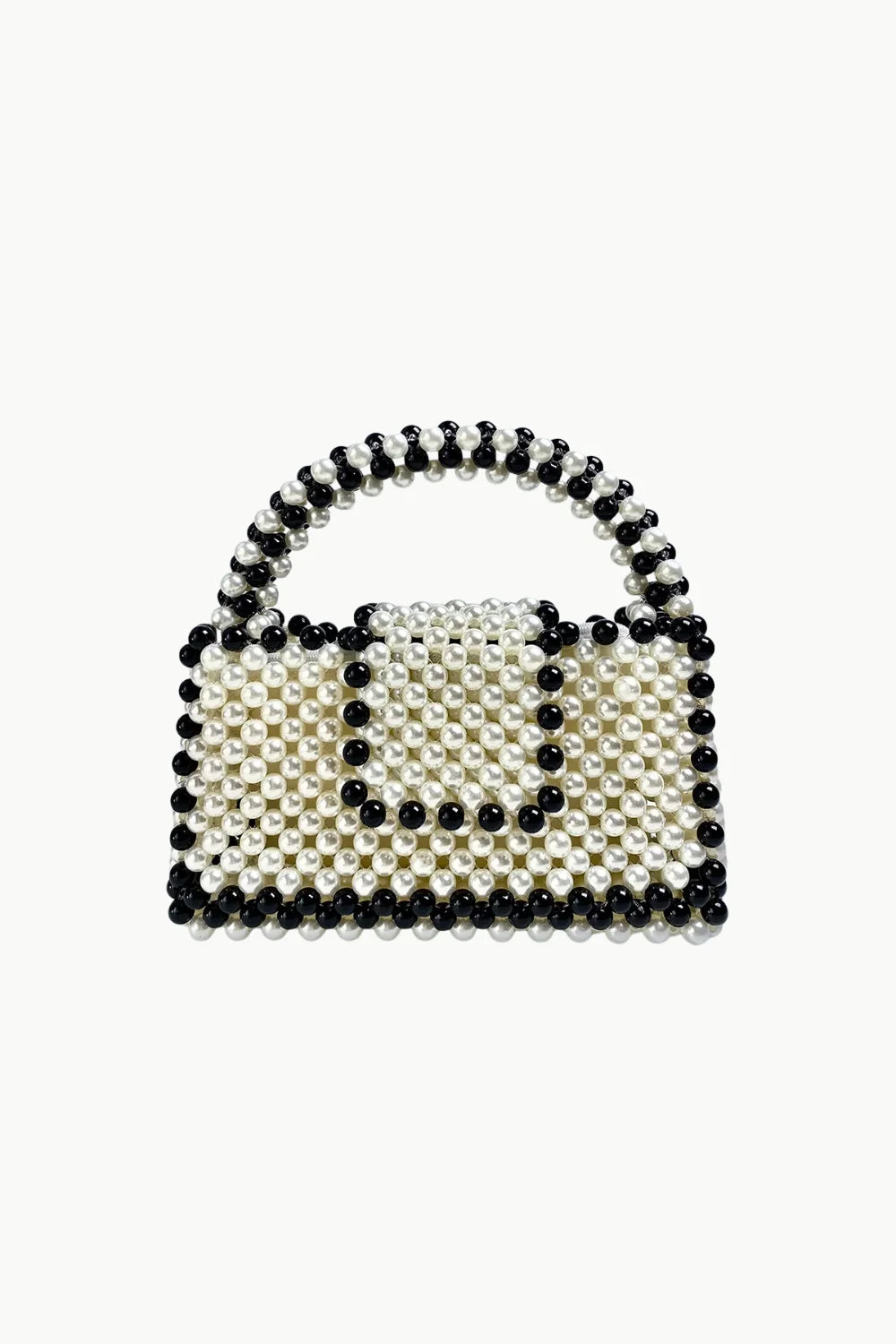 Vintage black beaded purse with structured black and white beaded design and top handle
