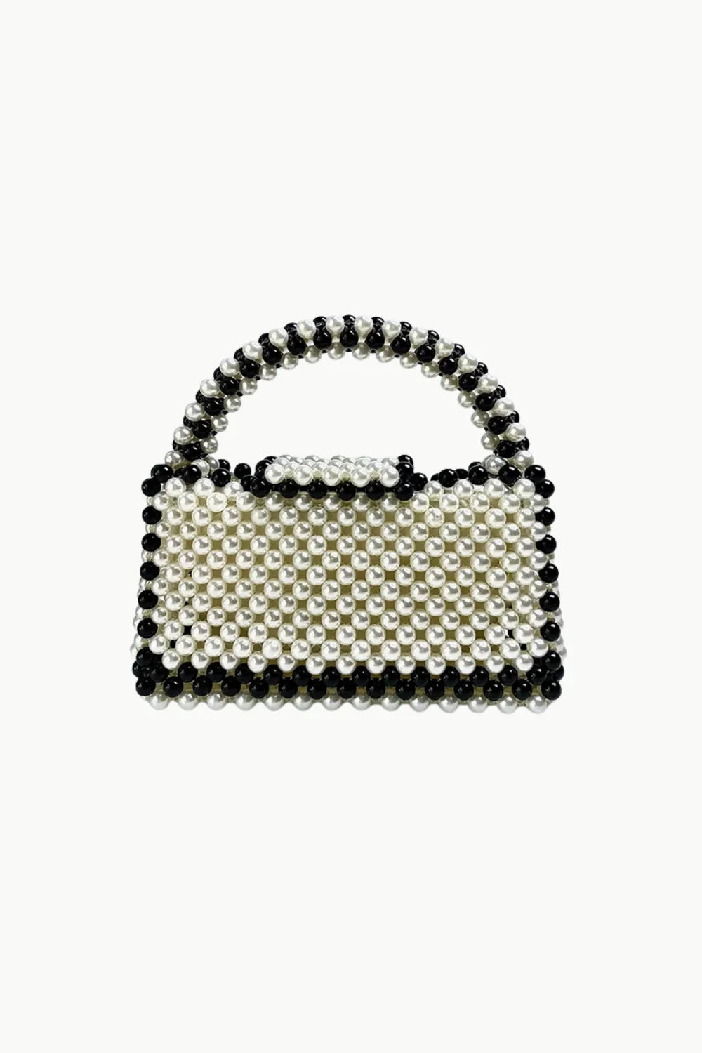 Vintage black beaded purse with rounded top handle and intricate black beaded design