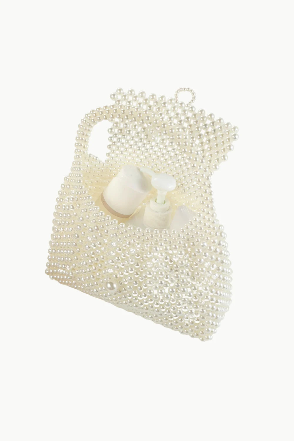 Vintage Pearl Bag featuring a white pearl-beaded design with a top handle and small white interior
