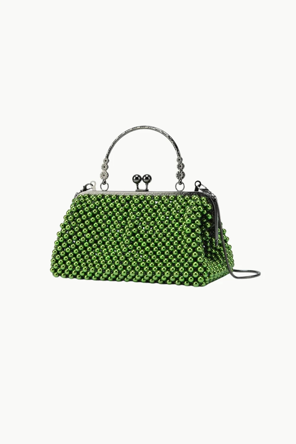 Green pearl beaded clutch with metallic frame and top handle, vintage pearl beaded accessory