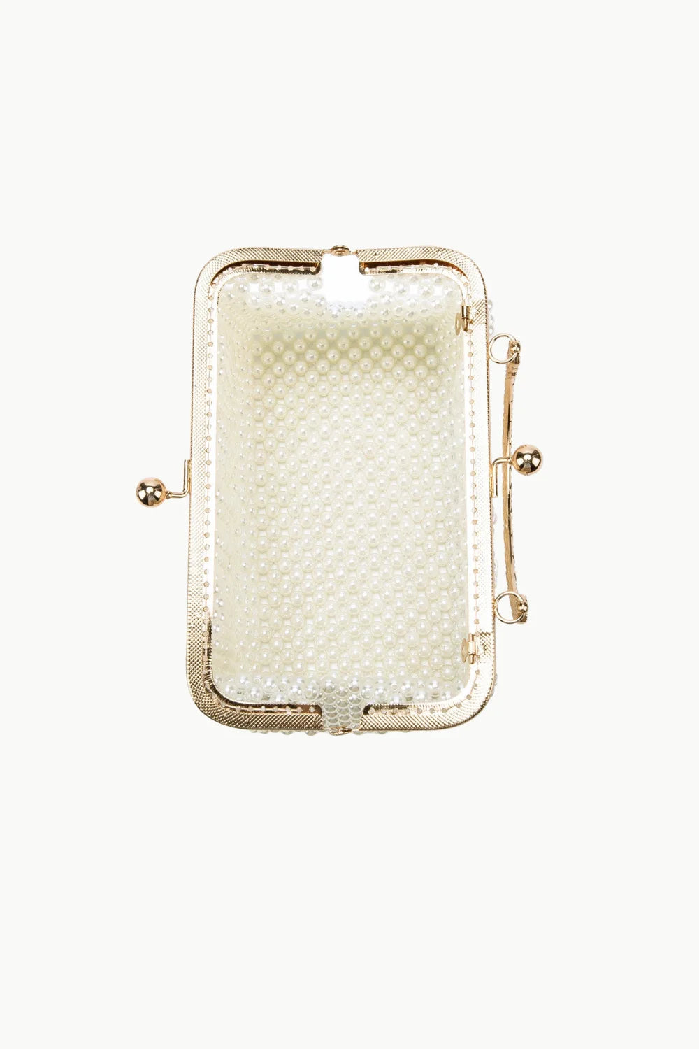 Vintage pearl beaded clutch purse with gold frame and textured interior display