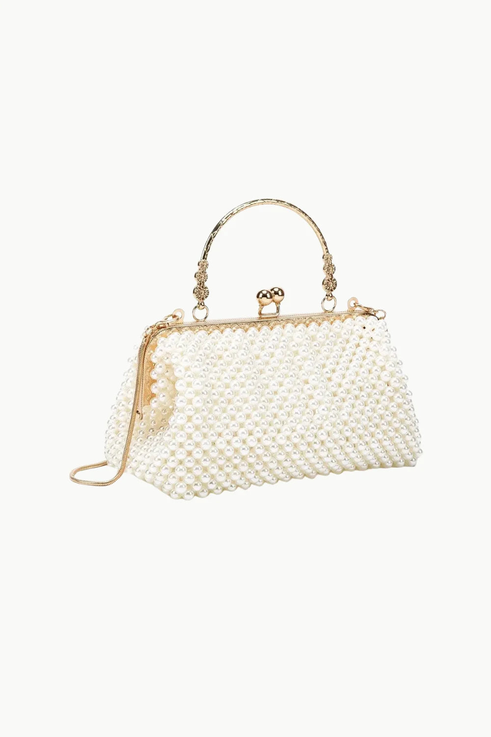 White pearl beaded clutch bag with gold frame and top handle for vintage pearl style