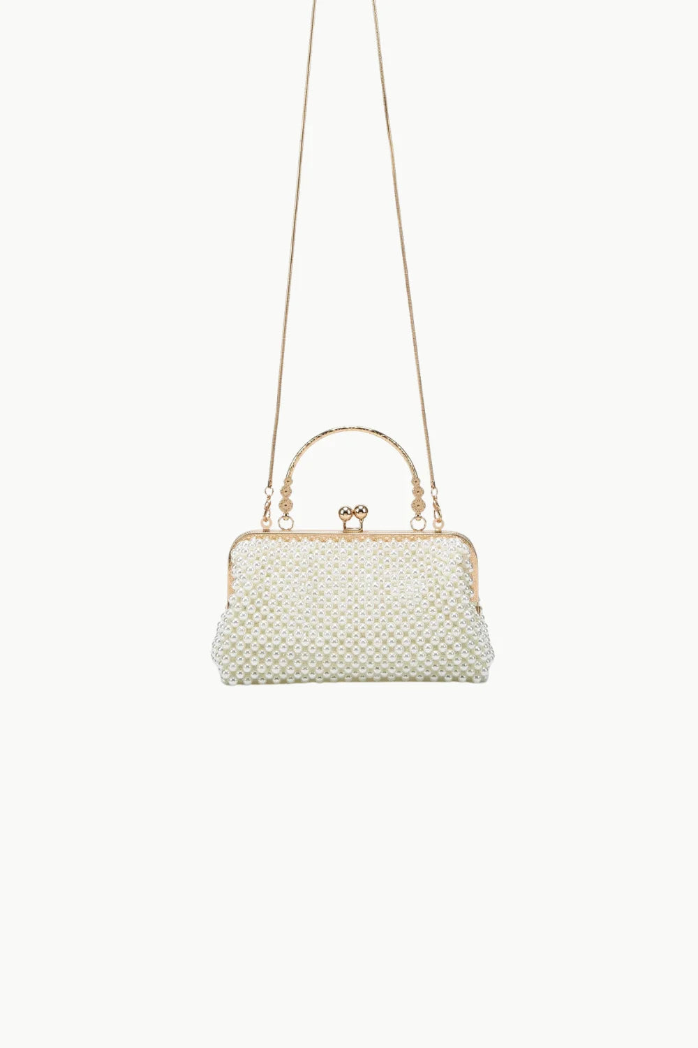 Vintage Pearl Beaded Clutch with gold chain strap and top handle for elegant occasions