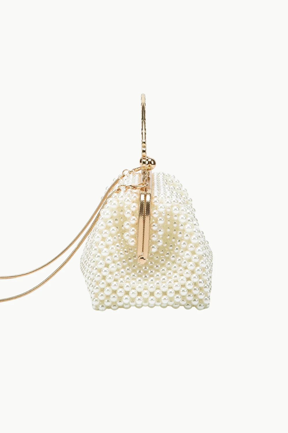 White pearl beaded clutch with gold frame and chain strap, vintage pearl beaded clutch