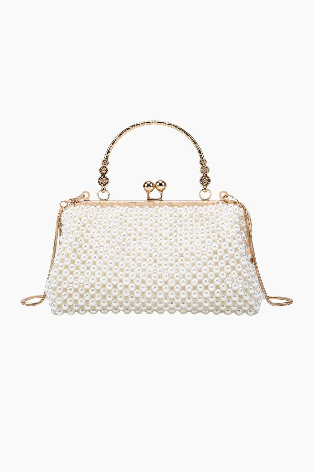White pearl beaded vintage pearl clutch purse with gold frame and top handle