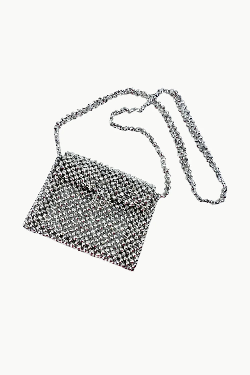 Vintage silver beaded bag with shimmering silver beaded design and long shoulder strap