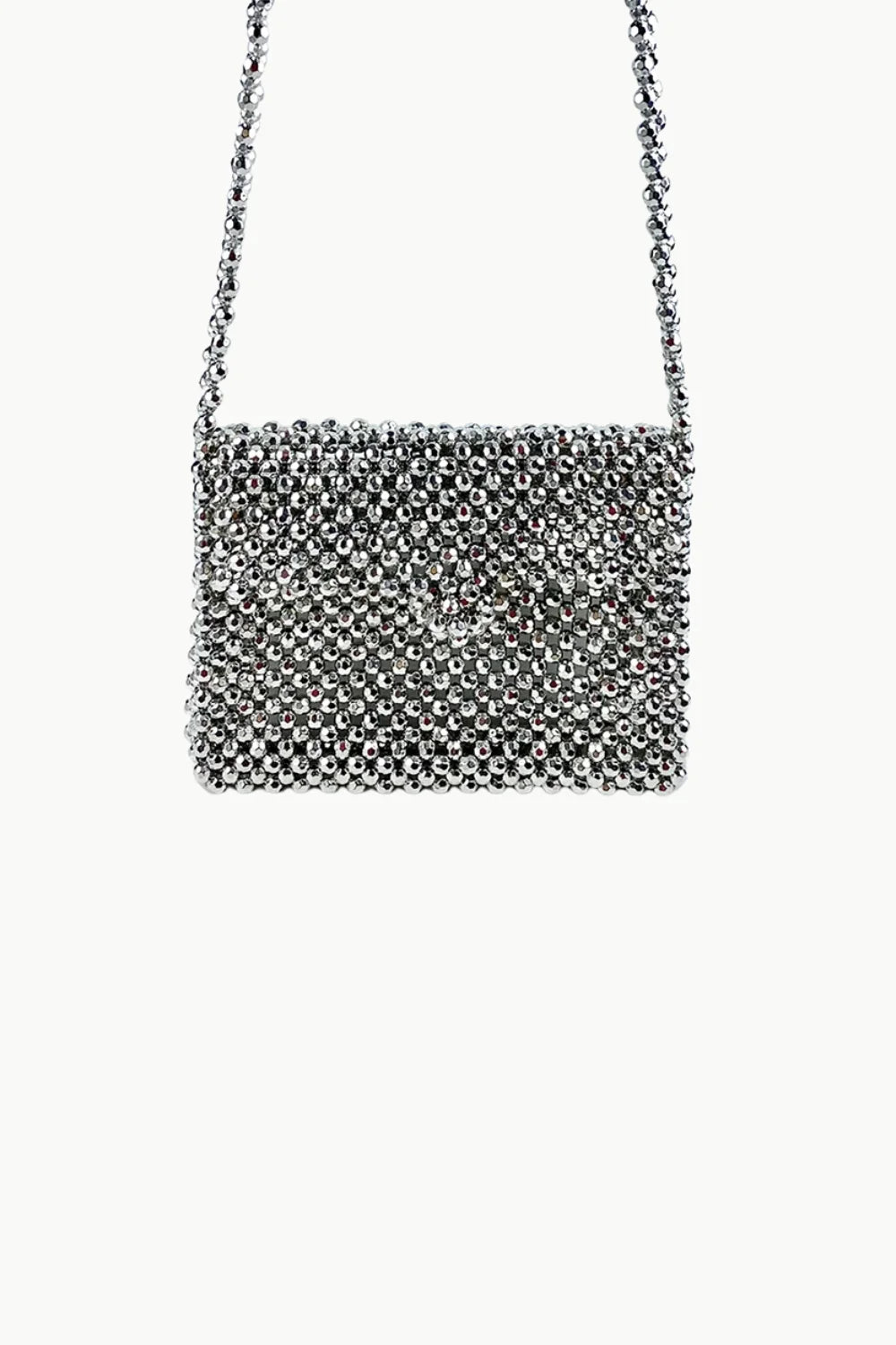 Vintage silver beaded bag with rectangular shape and chain strap for stylish accessories