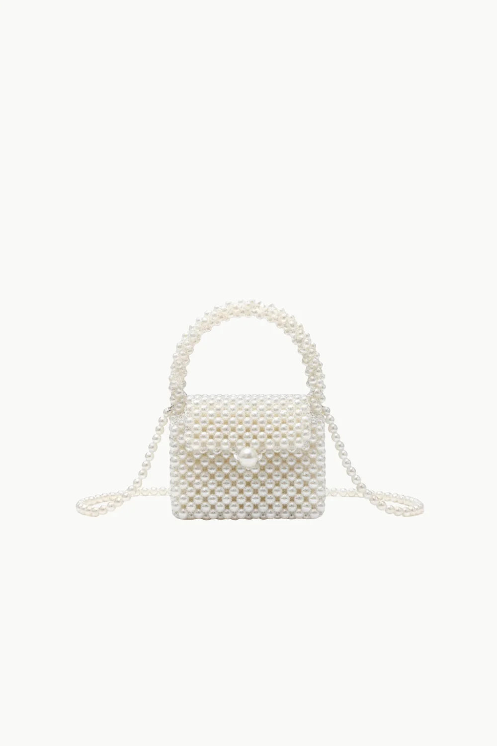 Vintage white beaded purse with top handle and shoulder strap for elegant style