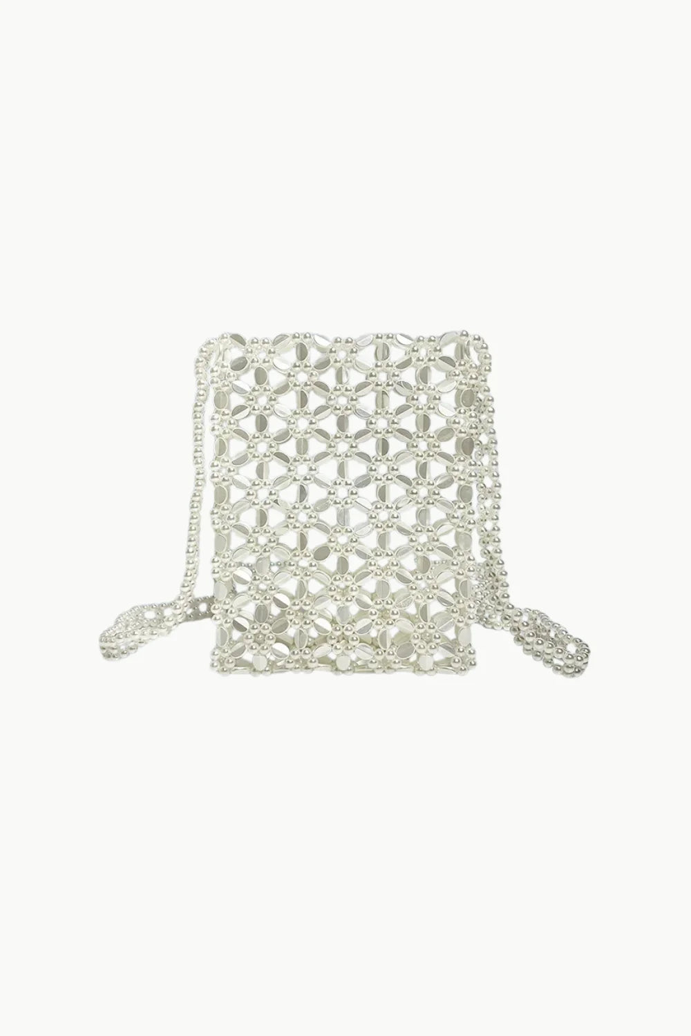 White beaded crossbody bag with geometric pattern and clear beaded shoulder design