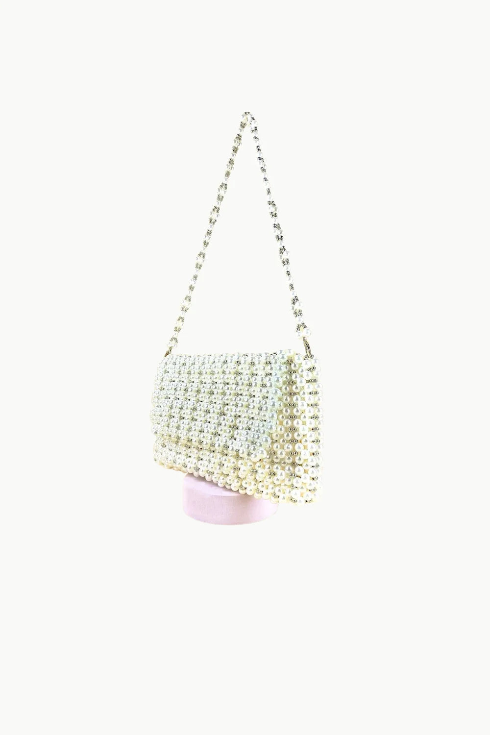 Shiny white beaded evening bag with silver chain strap for elegant occasions