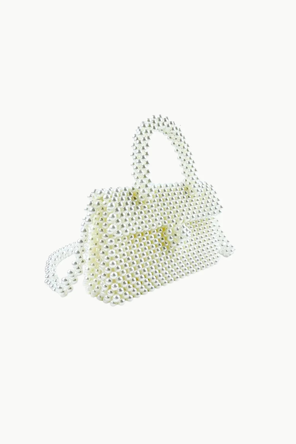 White beaded handbag with top handle and shoulder strap, stylish white beaded handbag