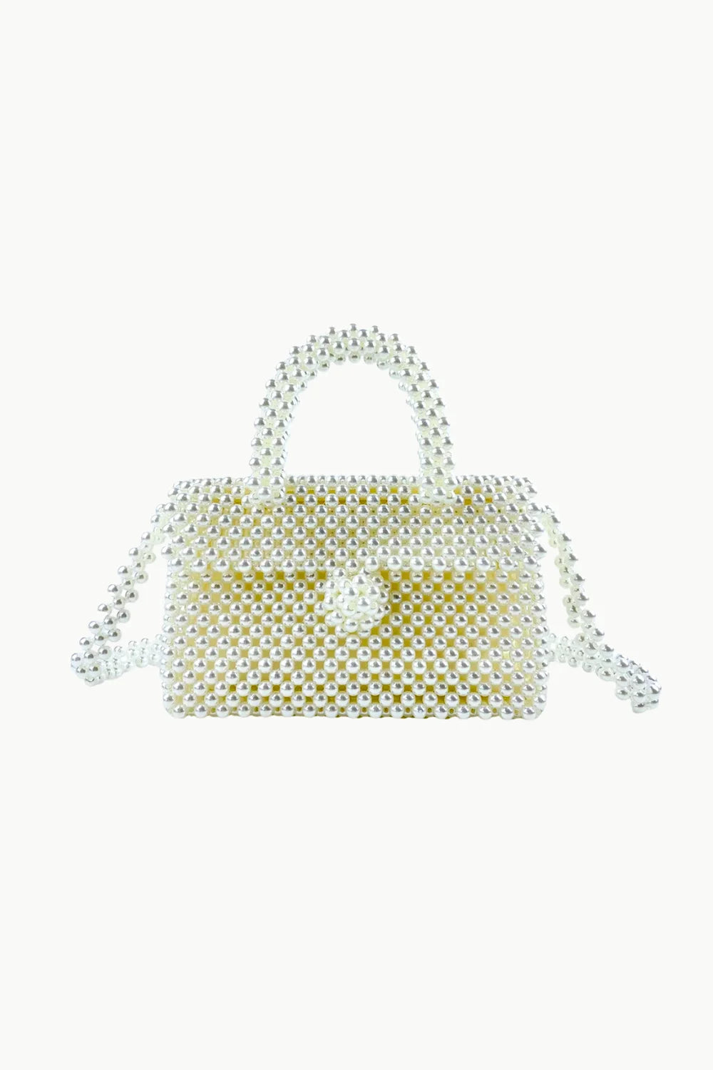 White beaded handbag with pearlescent beads, top handle, and shoulder strap