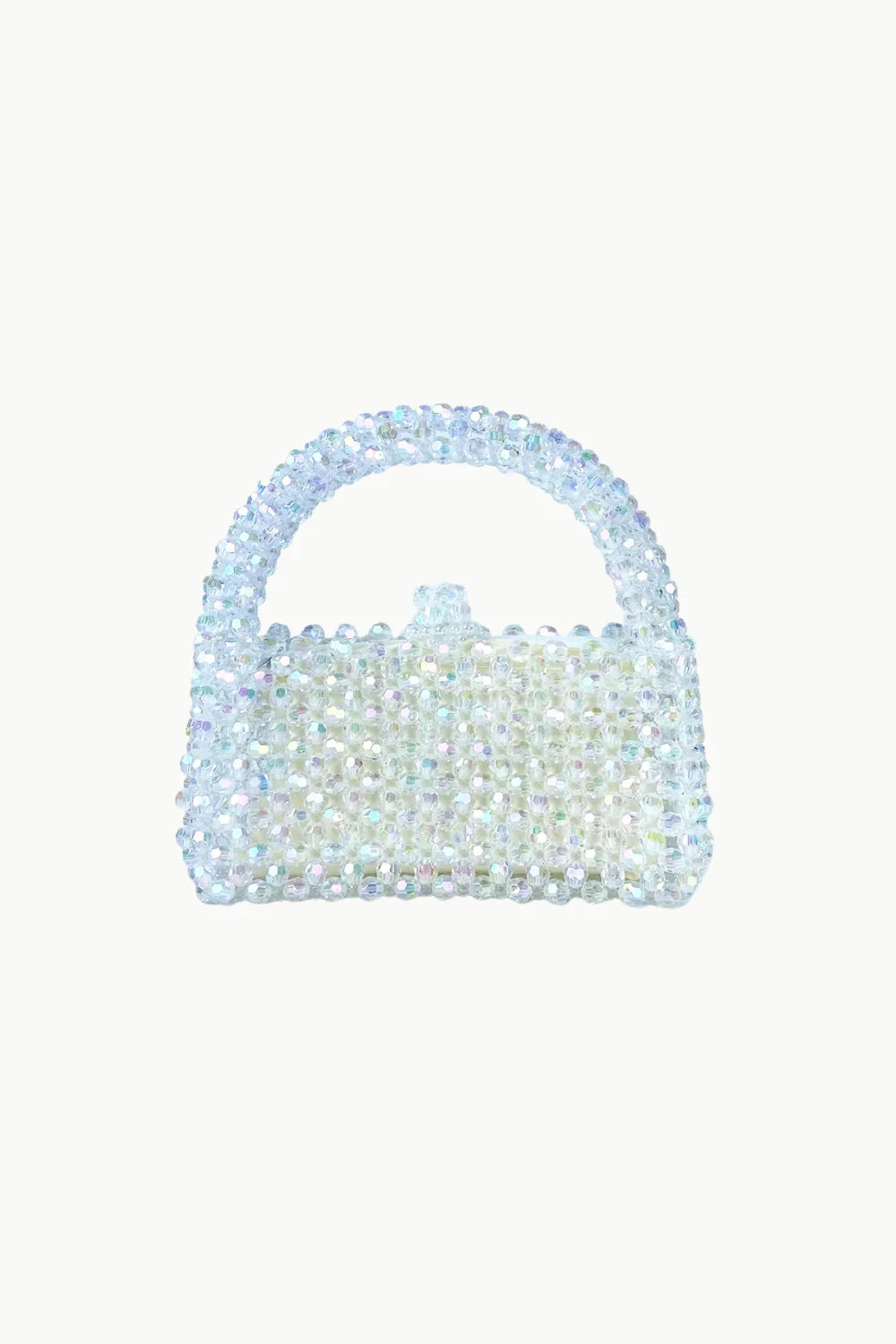 White beaded purse with iridescent beads and top handle for elegant style