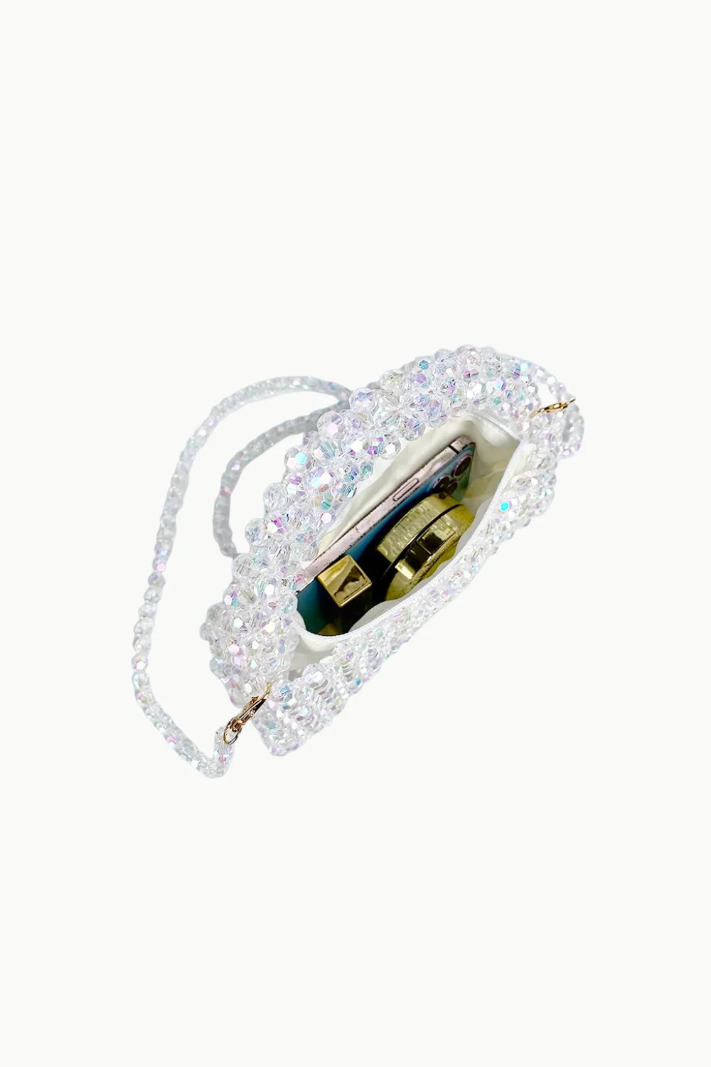 White beaded shoulder bag with clear beads, gold clasp, and long strap
