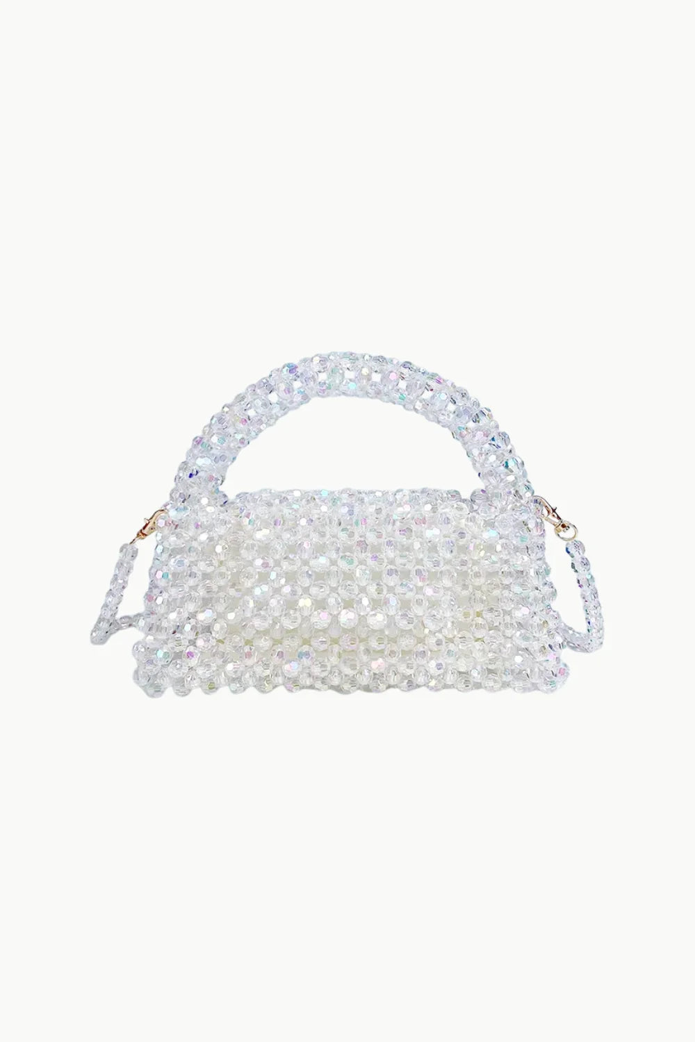 White beaded shoulder bag with top handle and shoulder strap for stylish accessories
